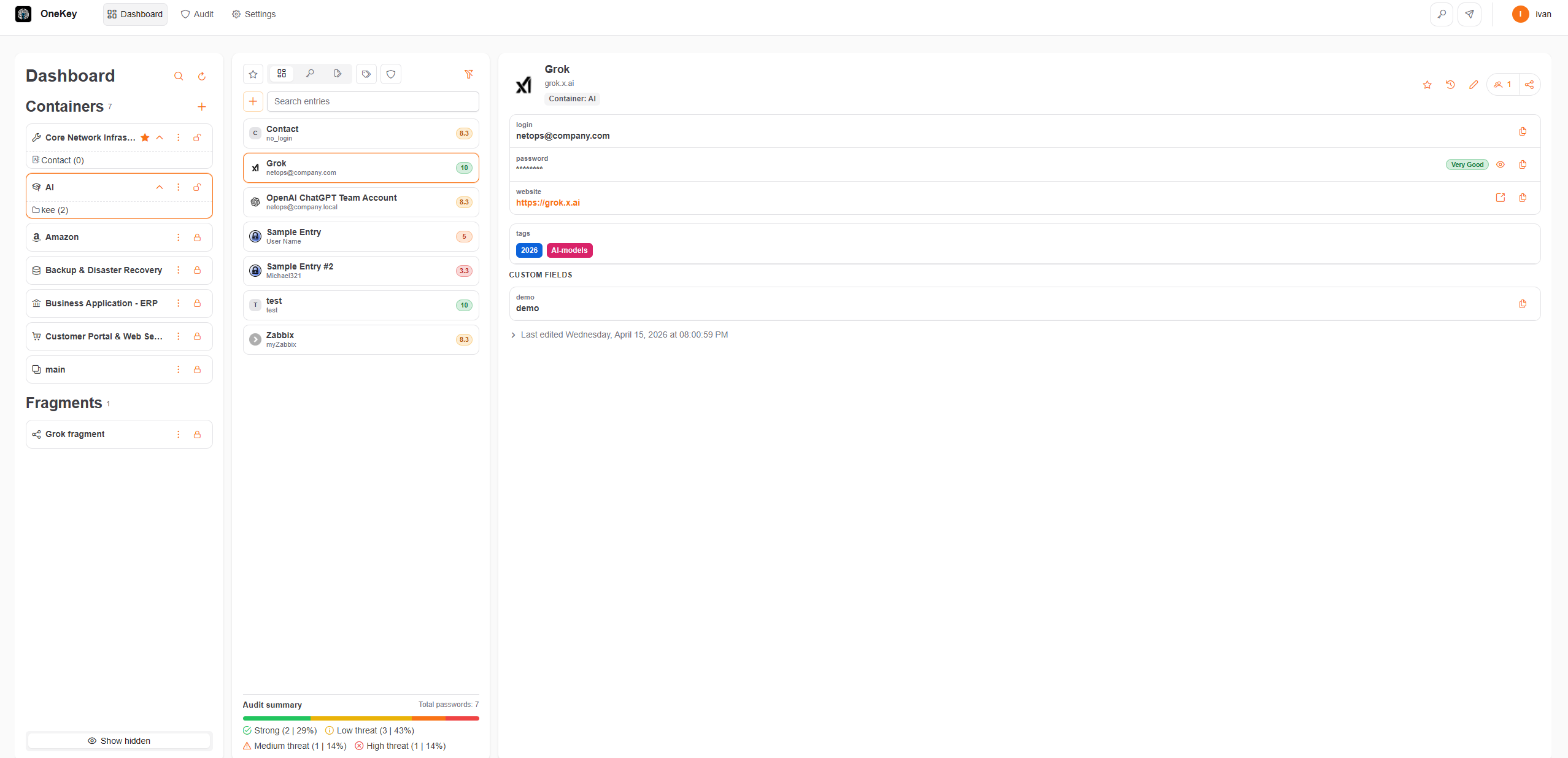 OneKey interface screenshot